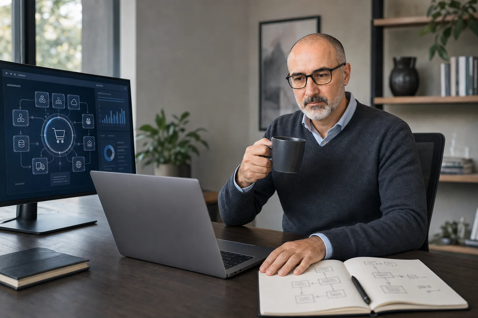 Sidney Rees reviewing eCommerce strategy at his computer while having coffee